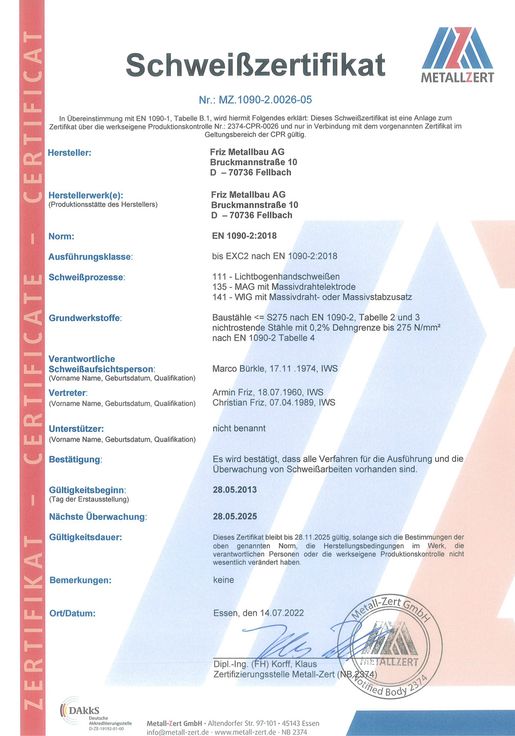 Friz Metallbau AG - Schweißzertifikat von METALLZert